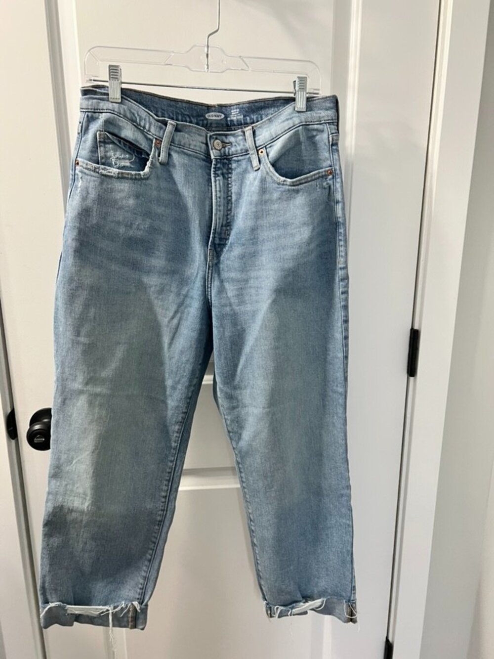 Old Navy Sky Hi Straight Jeans Size 12 Extra High Rise Raw Hem Light Wash